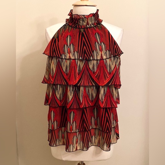 Adiva Tops - Adiva Black Red Tan Geometric SZ L High Neck Boho Chic Earthy Modern Halter Top
